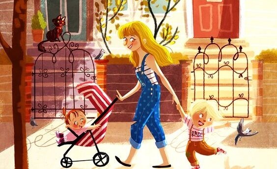 二人の子供を連れたシングルマザー