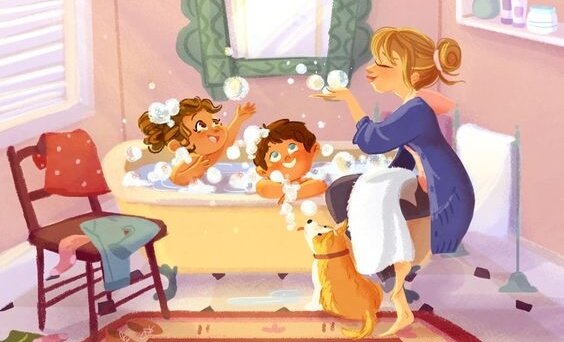 泡風呂にいるお母さんと子どもたち