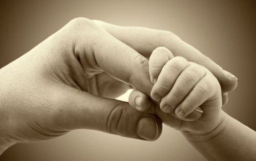 母親の指を握る赤ちゃんの手